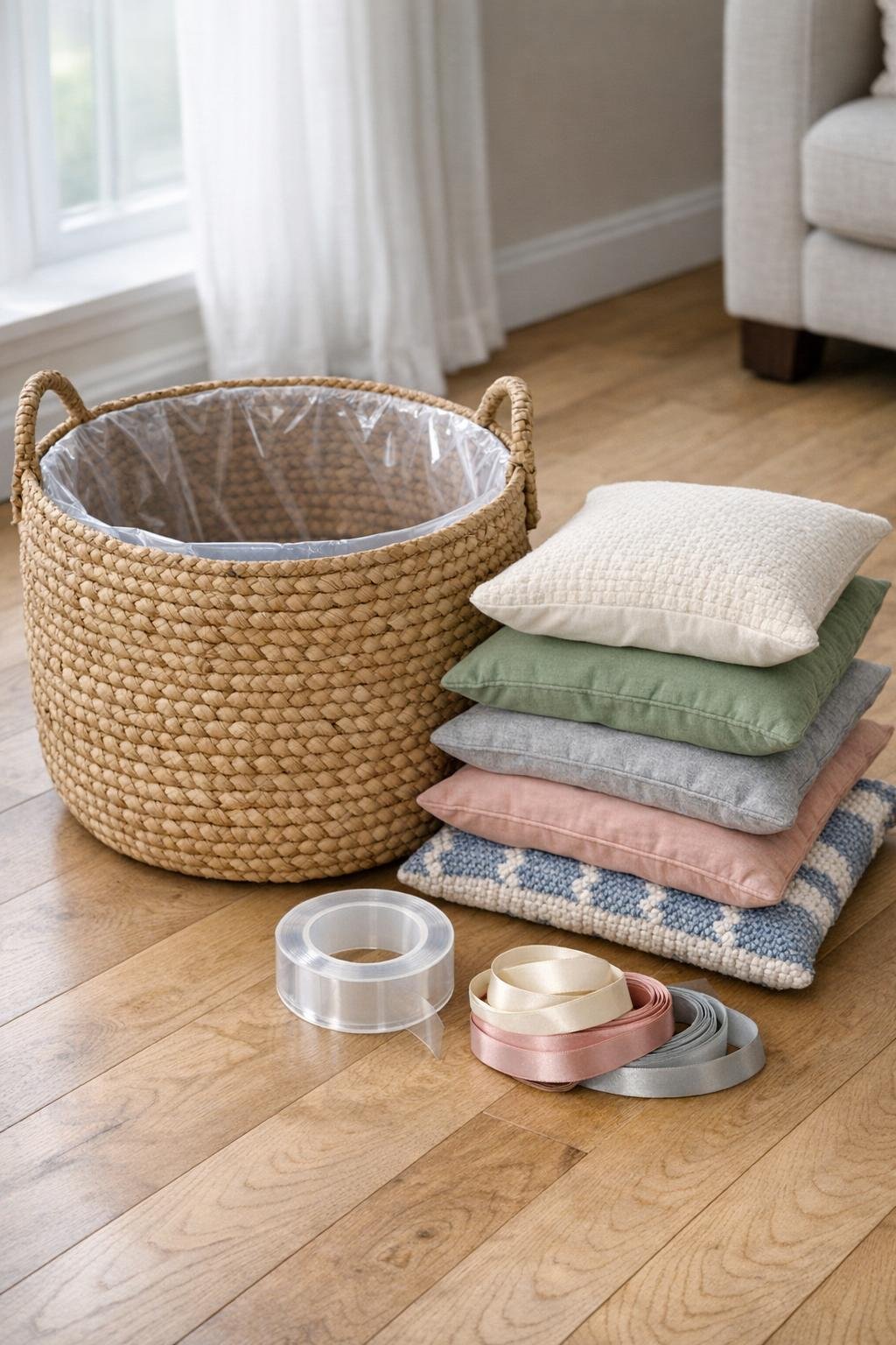 Large seagrass basket, clear fitted garbage bag liner, throw pillows, and simple storage supplies laid out together