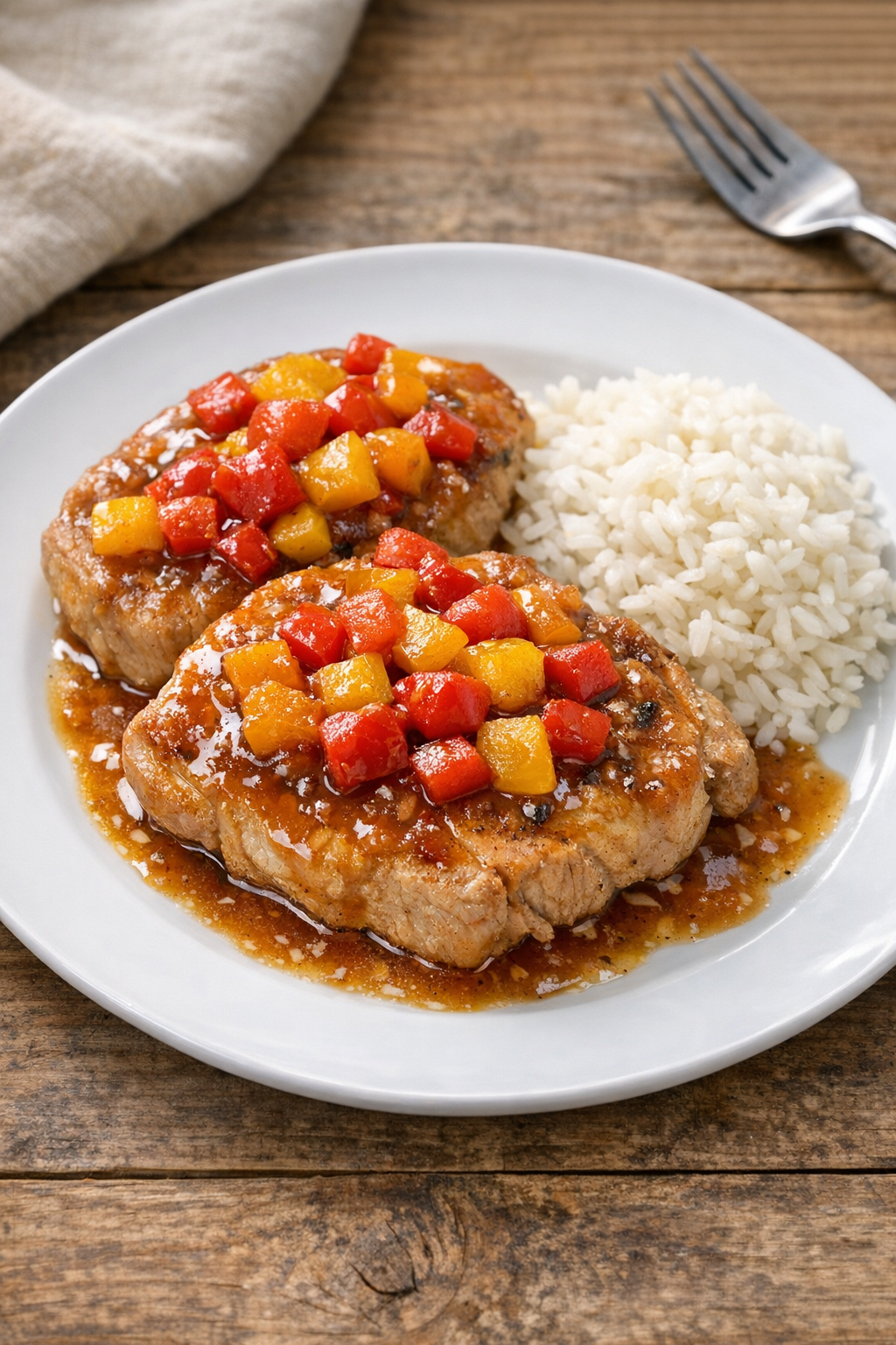 Finished slow cooker pork chops plated with glossy red and golden sauce
