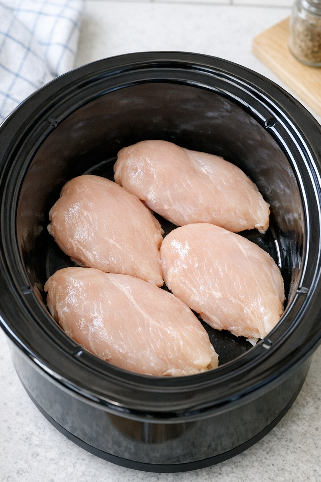 Raw chicken breasts arranged in a slow cooker