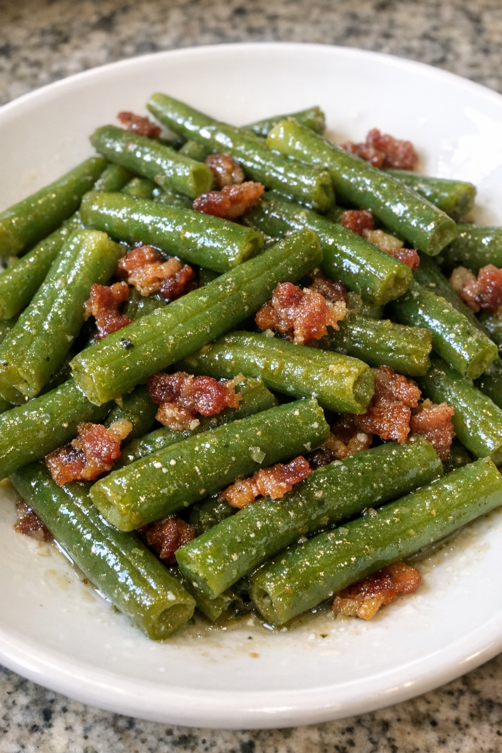 Finished bacon drippings green beans on a white plate