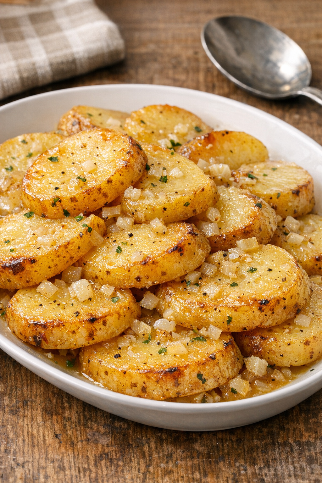 Finished slow cooker Amish-style potatoes in a serving dish