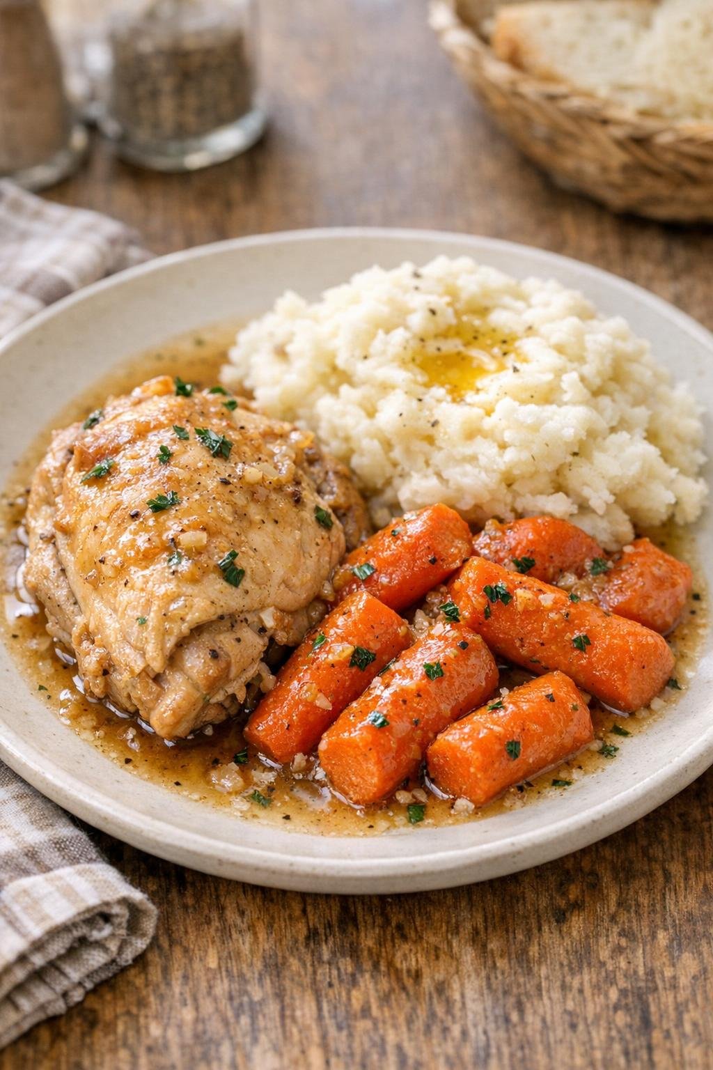 Plated Amish chicken and carrots with mashed potatoes