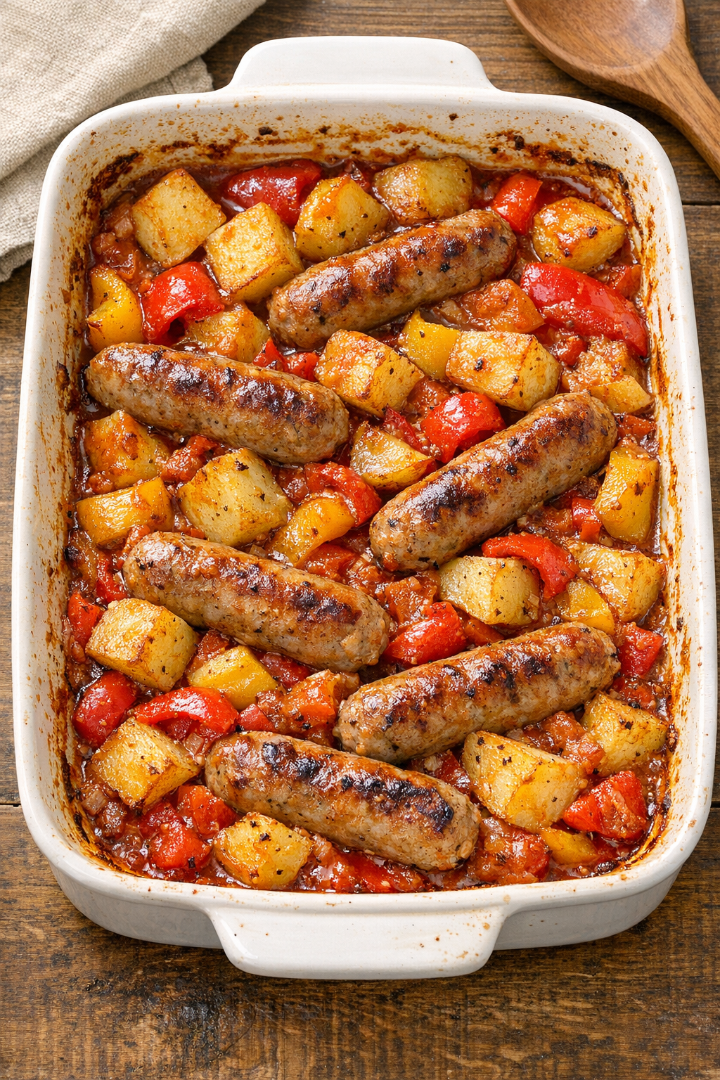 Finished baked chicken sausage with potatoes and peppers in a ceramic baking dish