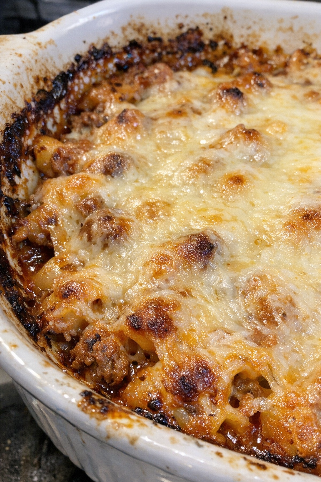 Bubbling cheese-draped bake in a ceramic casserole dish