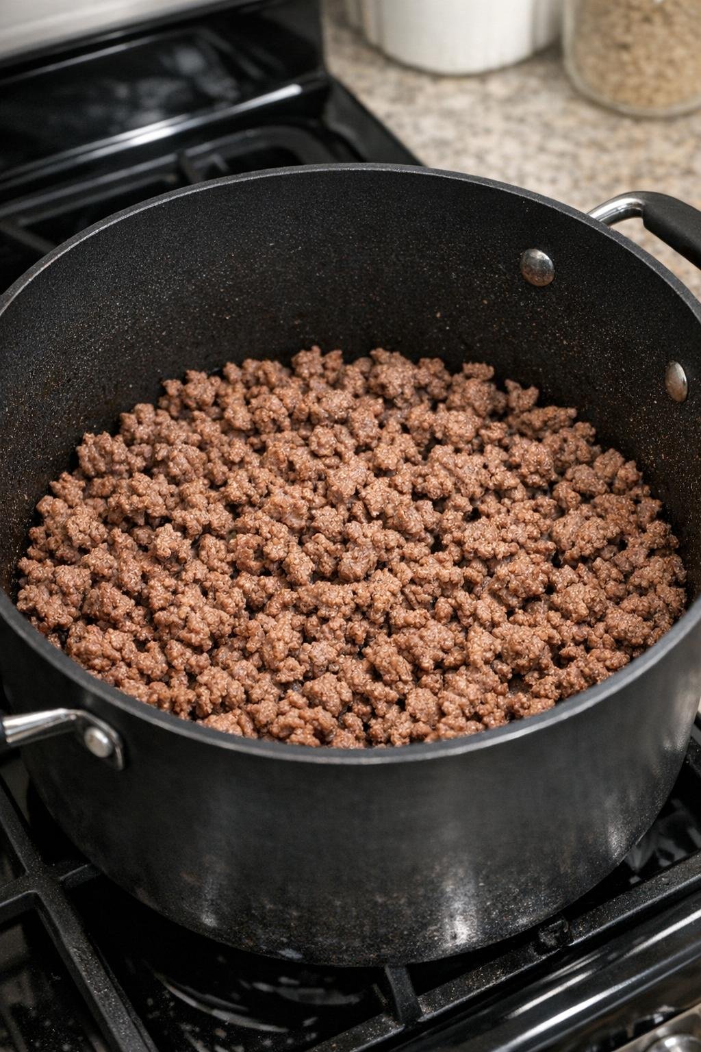 Browned ground beef crumbles in a large pot