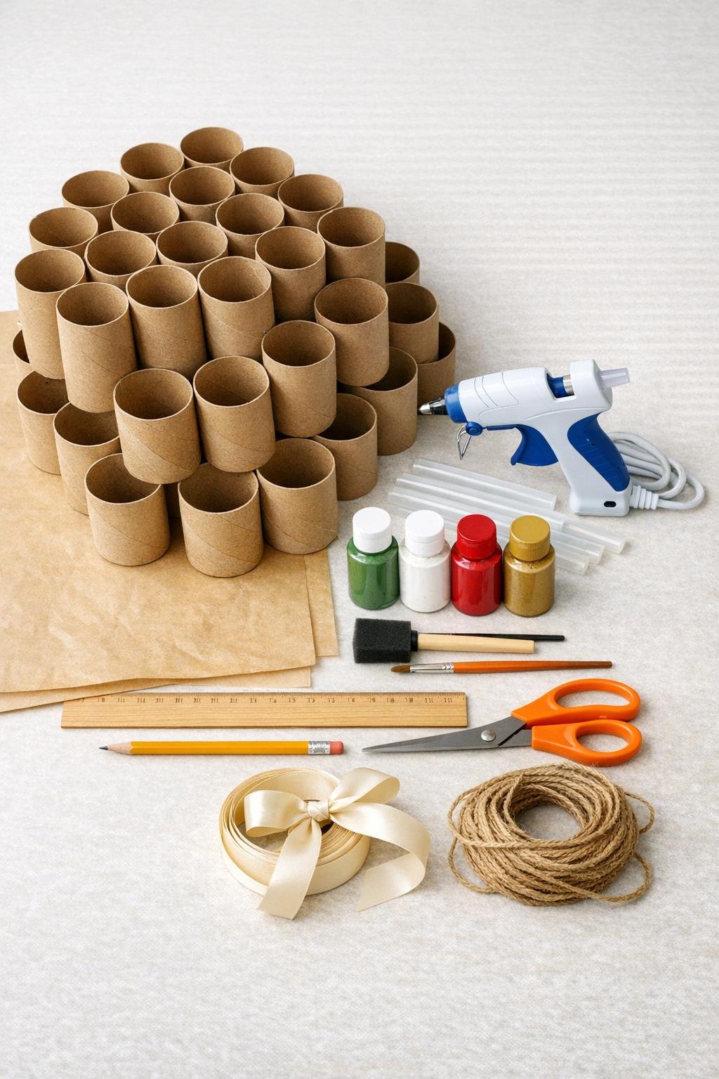 Materials laid out for a cardboard roll wreath project