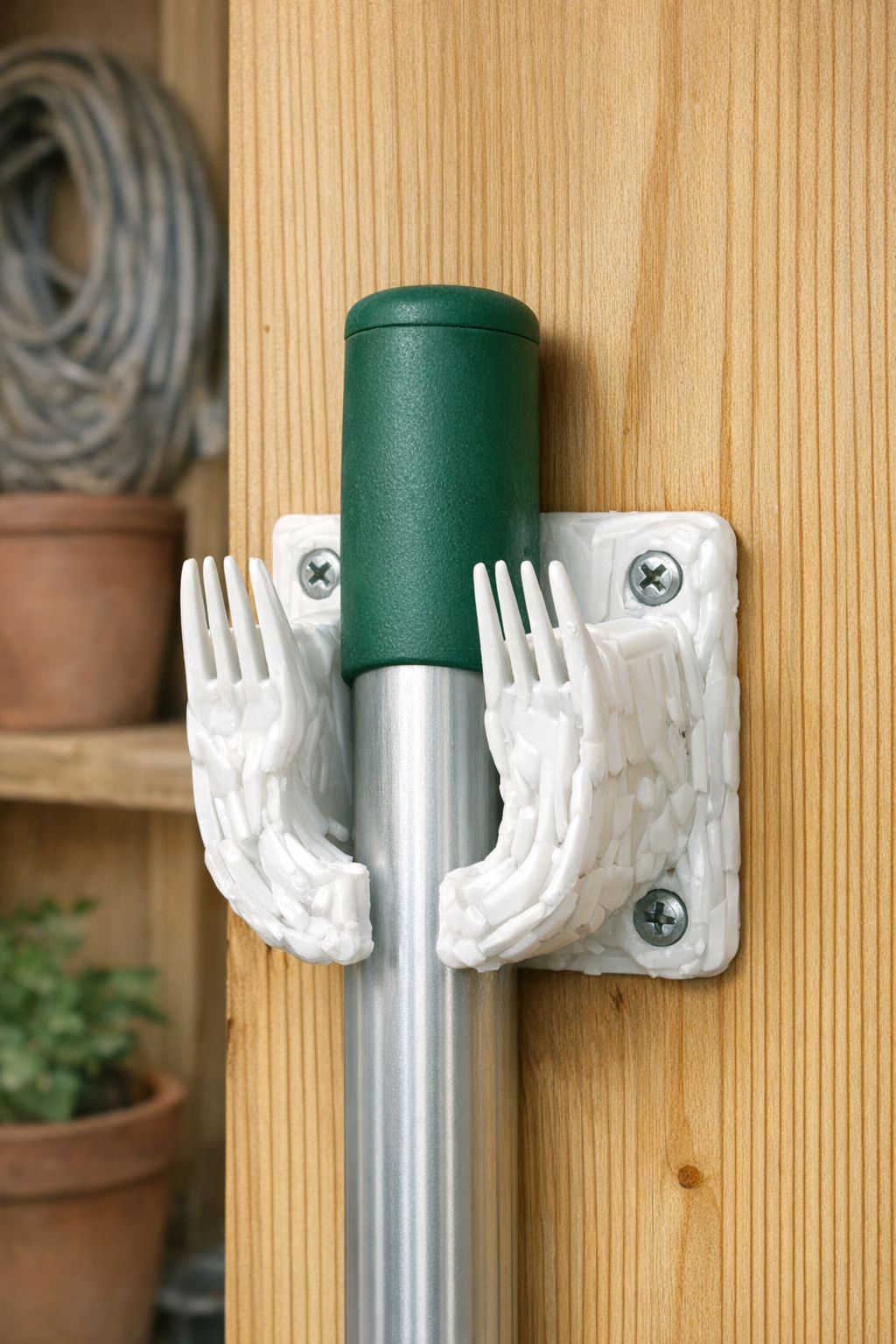 Finished molded bracket made from melted plastic picnic forks mounted as a lightweight utility holder