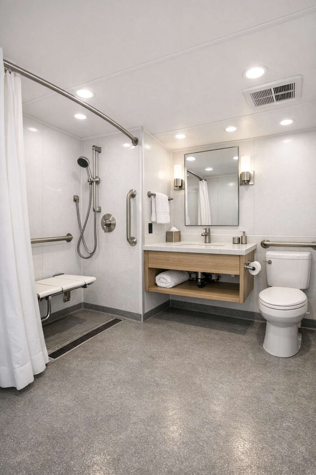 Accessible RV camper bathroom with roll-in shower and brushed steel fixtures