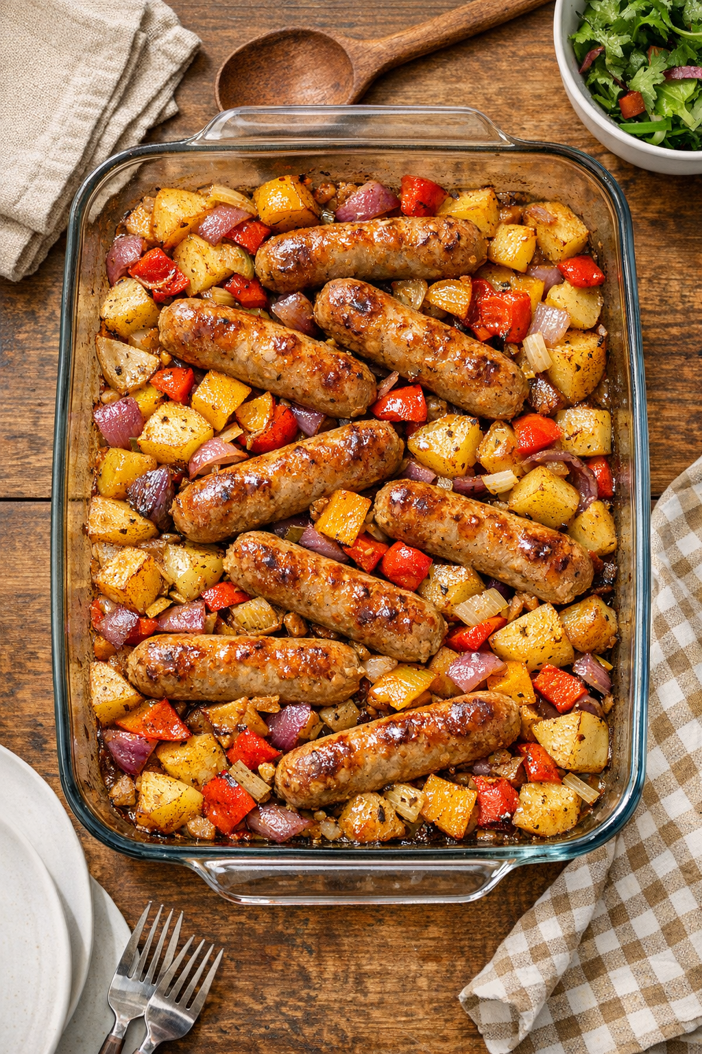 Finished chicken sausage bake in a glass casserole dish