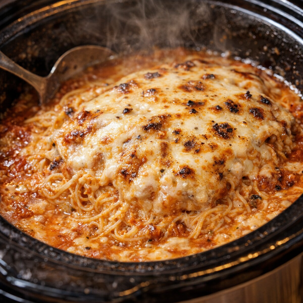 Finished angel hair bake bubbling in the slow cooker