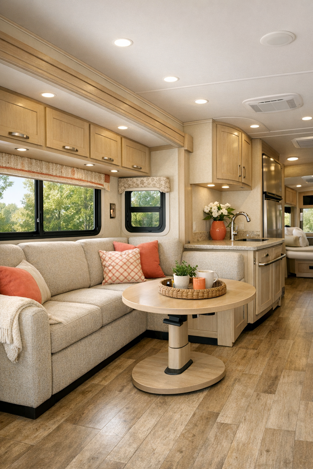 Bright accessible RV living room with oatmeal sofa and coral accents
