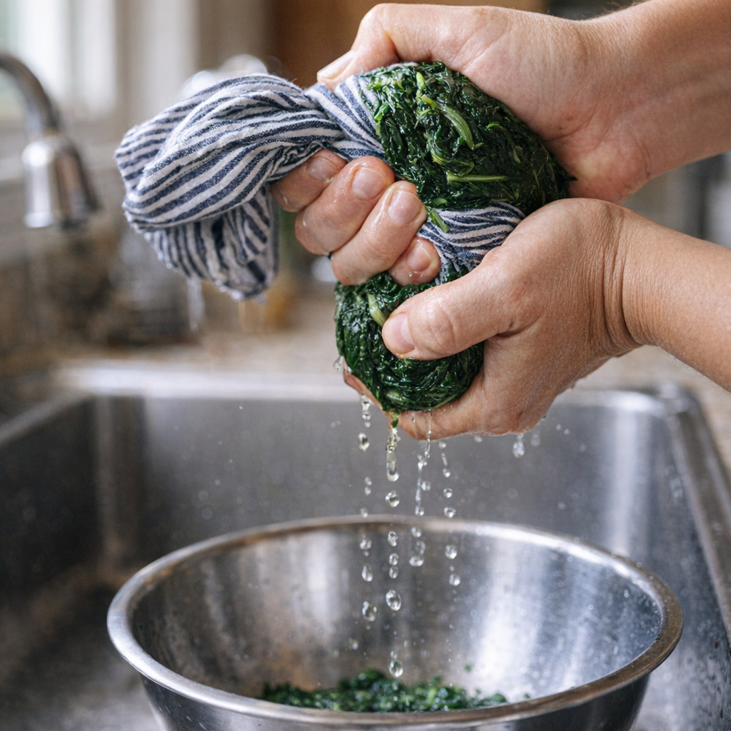 Cook squeezing moisture from spinach in a kitchen towel