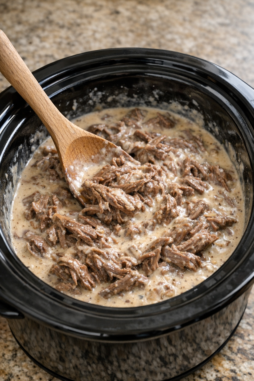 Shredded beef being stirred into creamy sauce in the slow cooker