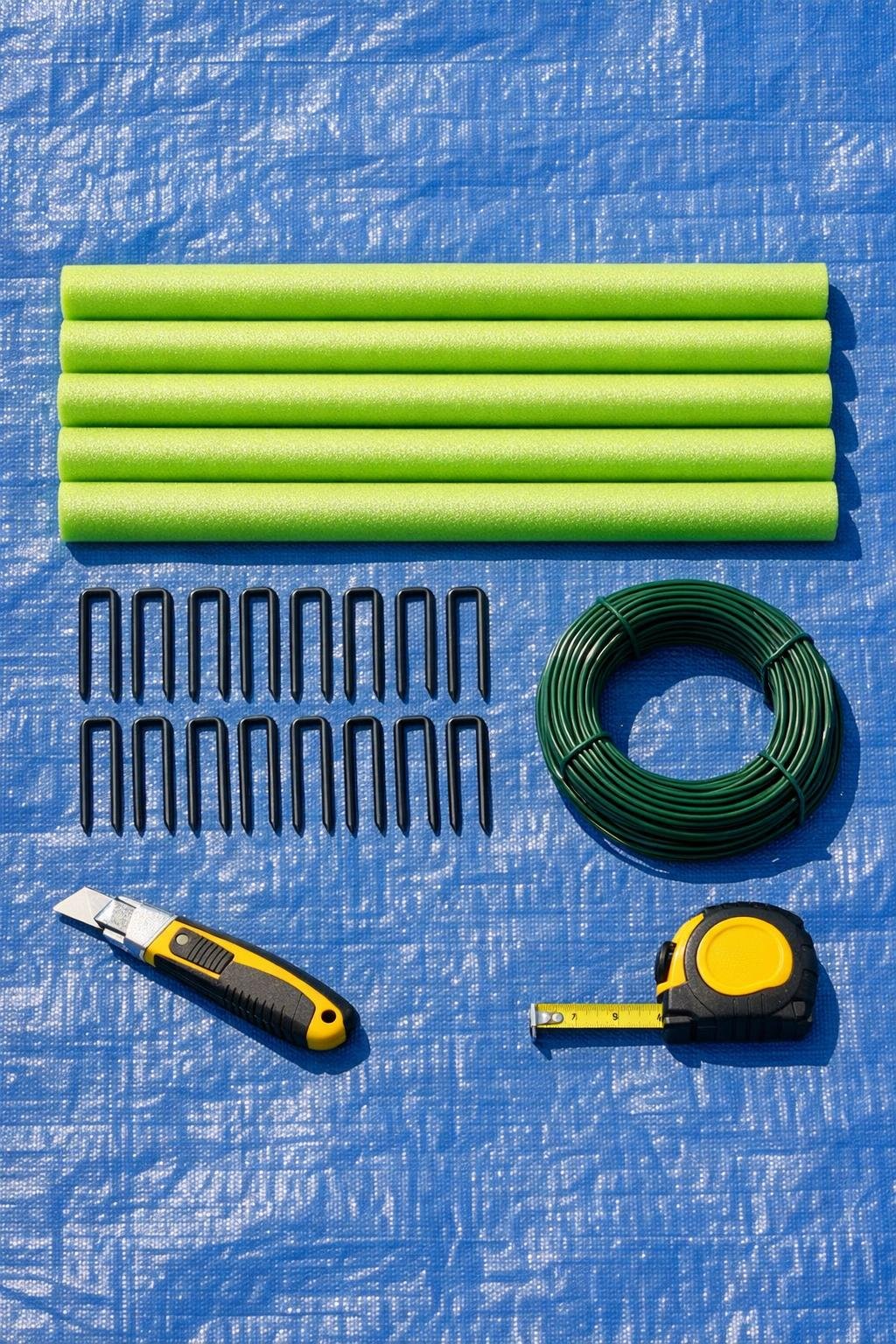 Pool noodles, landscape stakes, and garden wire laid out for the project