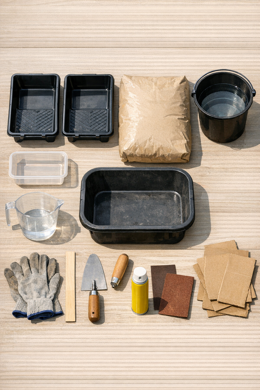 Materials for making cement garden blocks laid out on a work surface