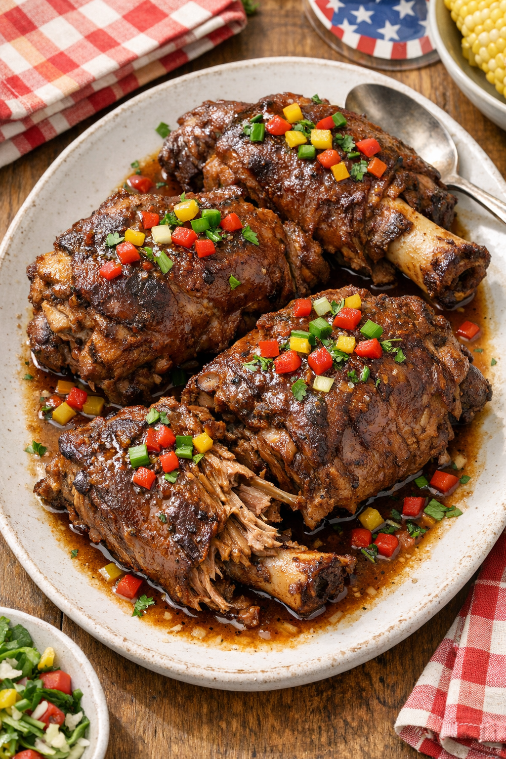 Finished slow cooker pork shanks plated with sauce