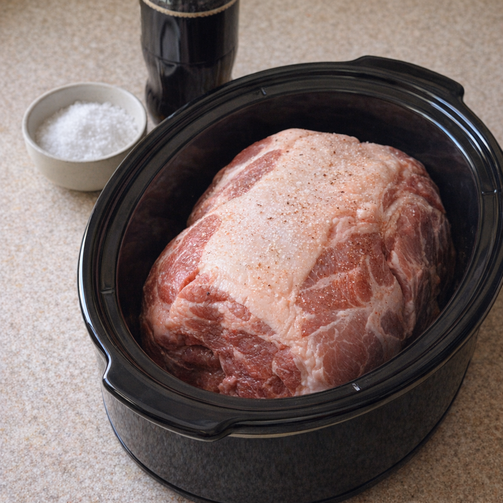 Raw pork butt in a slow cooker before seasoning