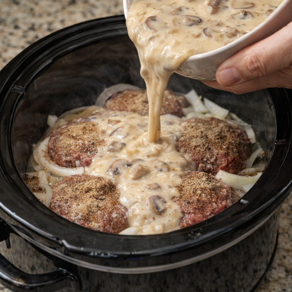 Creamy mushroom mixture being poured into the slow cooker