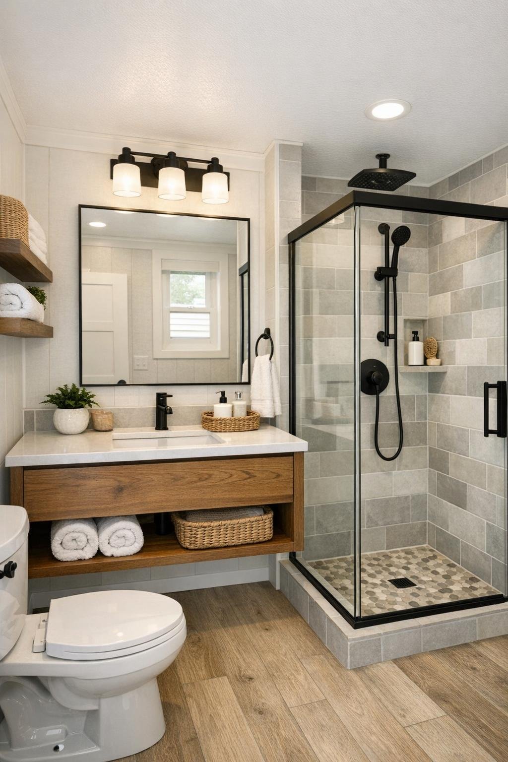 Compact bathroom with floating wood vanity and soft tile shower