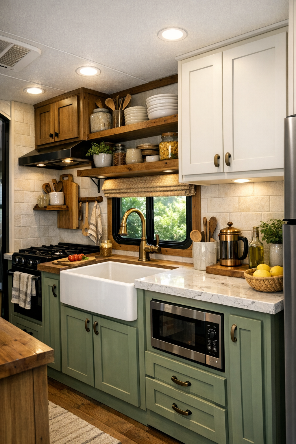 Bright park model RV kitchen with shaker cabinets, apron-front sink, and warm wood counters