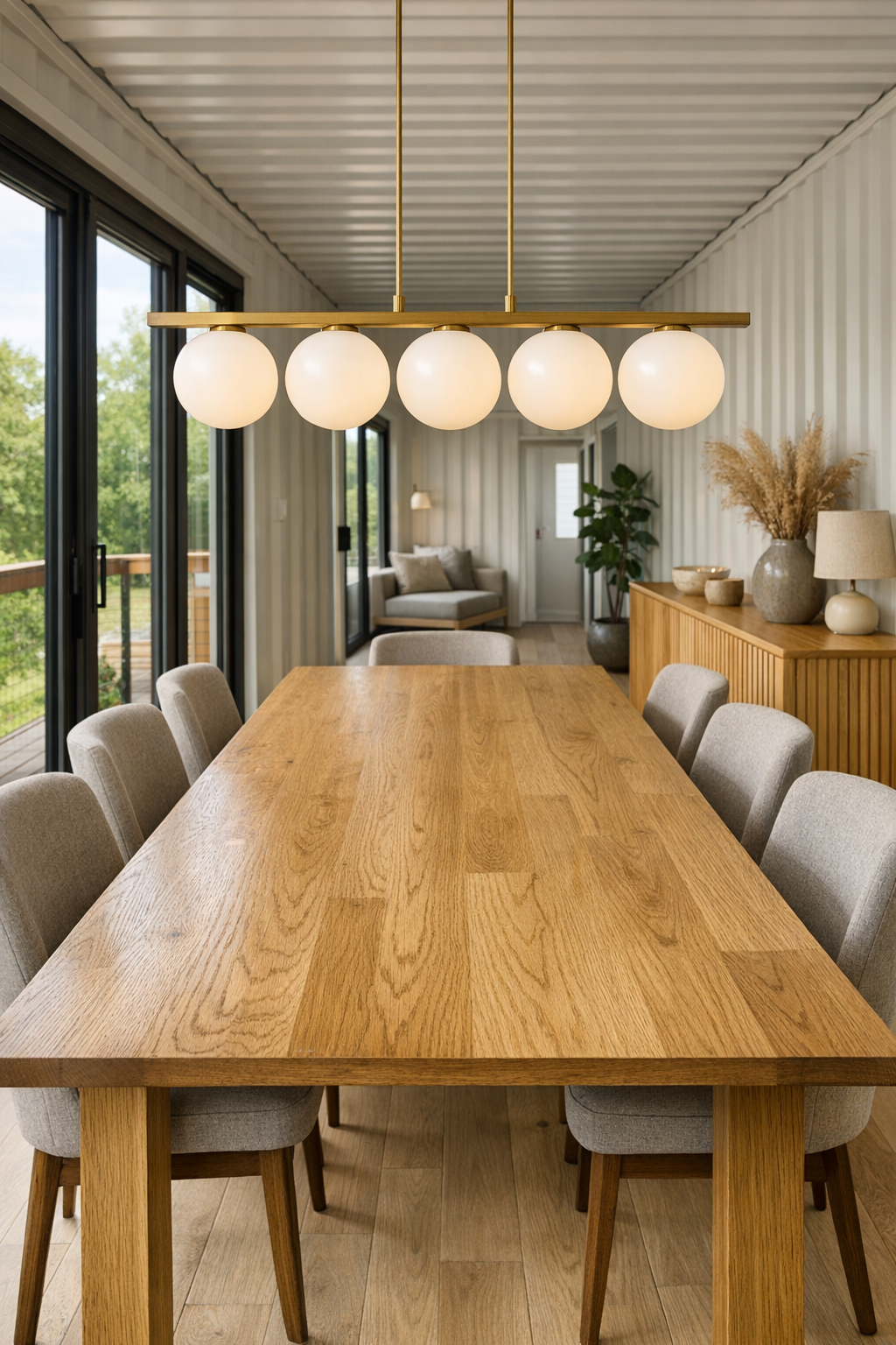 Minimal dining room with a long oak table, upholstered chairs, brass linear pendant, and wide windows