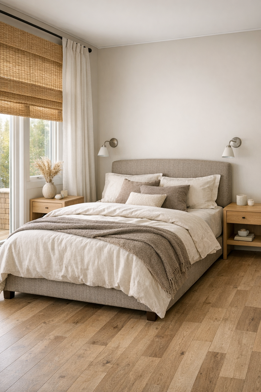 Calm bedroom with flax upholstered bed, layered neutral bedding, and pale wood furniture