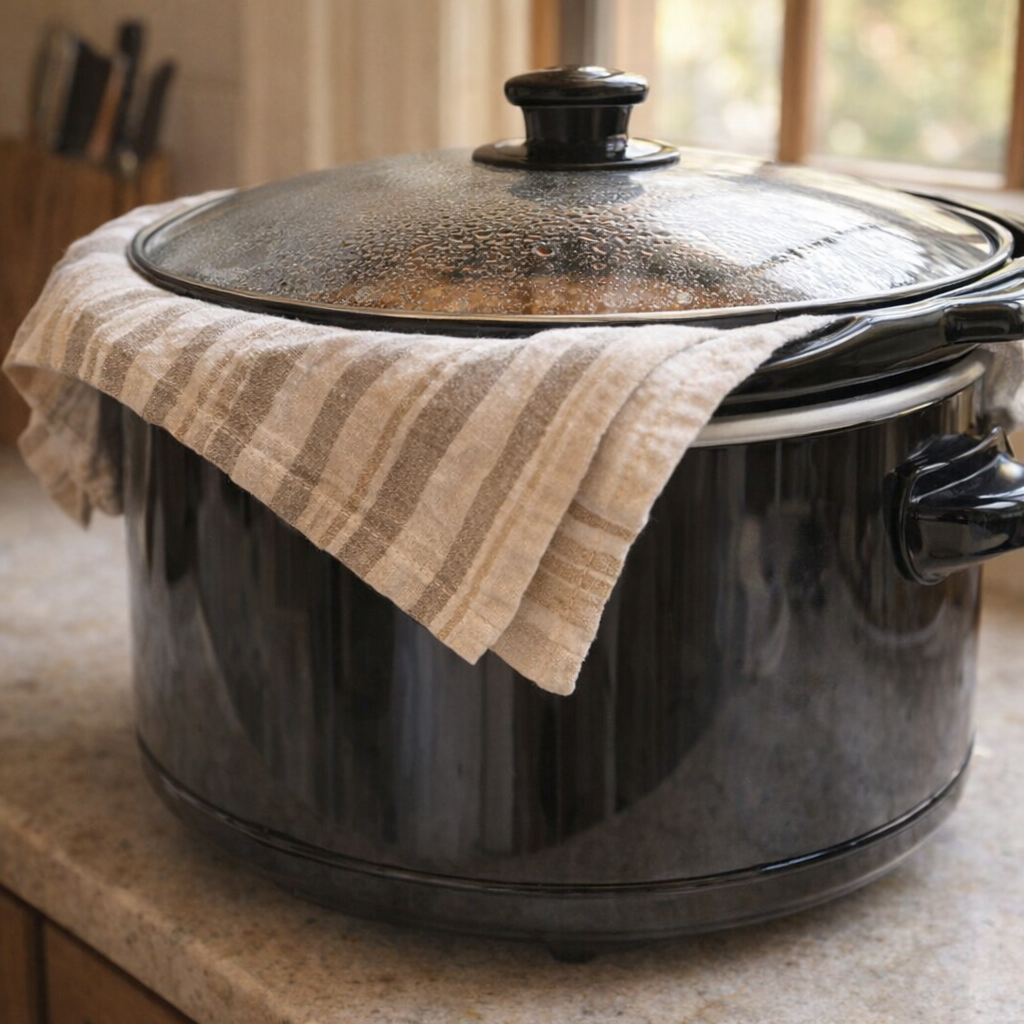 Slow cooker covered with towel under the lid