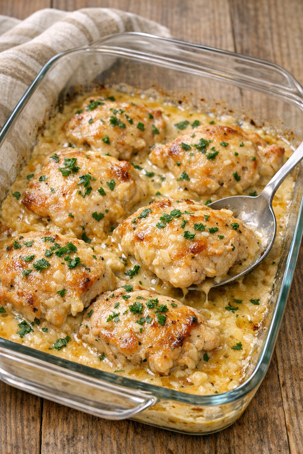Baked chicken thighs in creamy golden sauce in a glass casserole dish