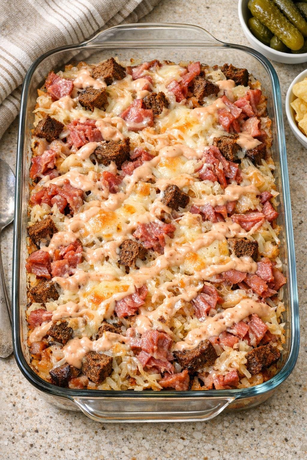 Finished Reuben casserole baked in a glass dish