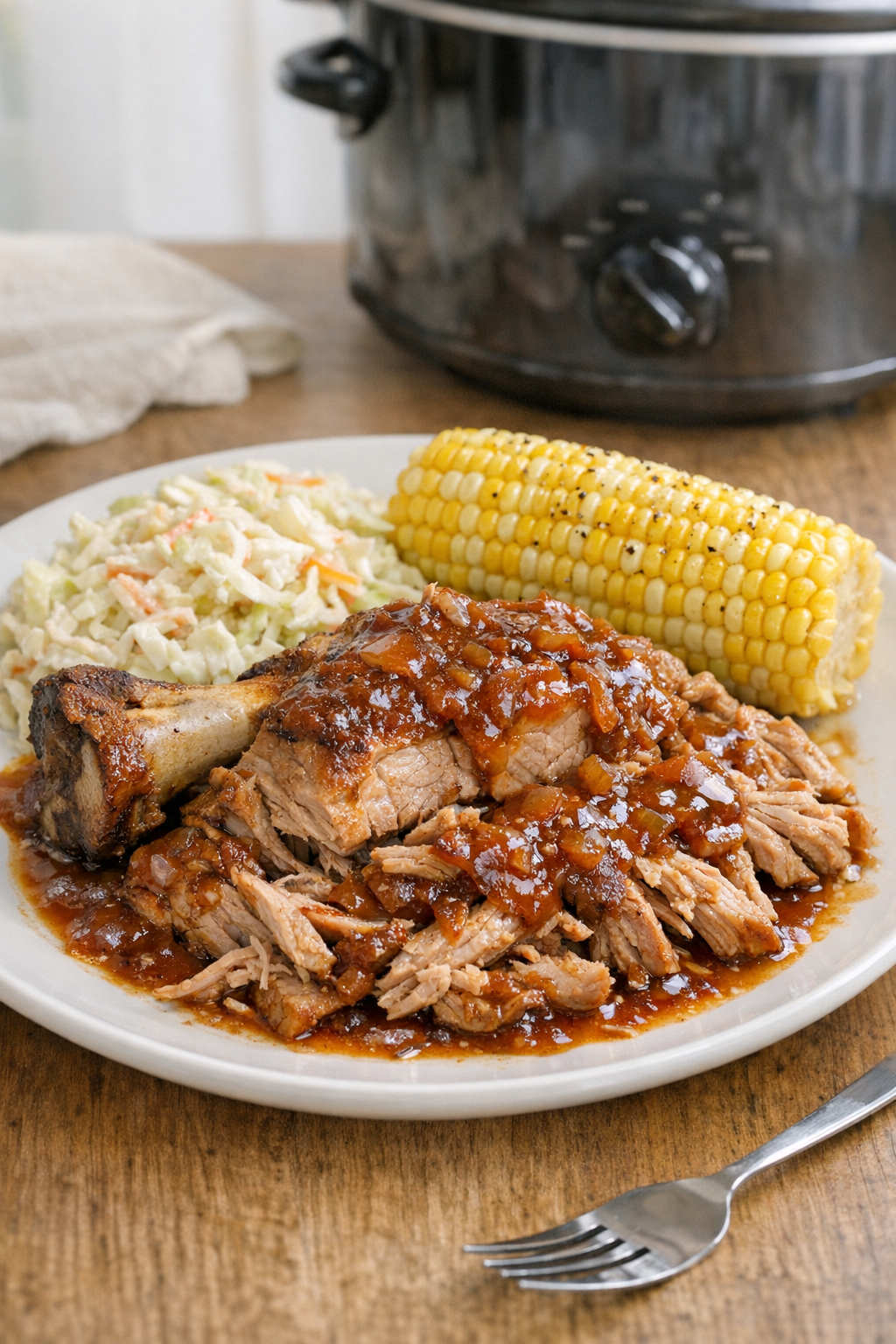 Finished slow cooker pork roast plated with sauce