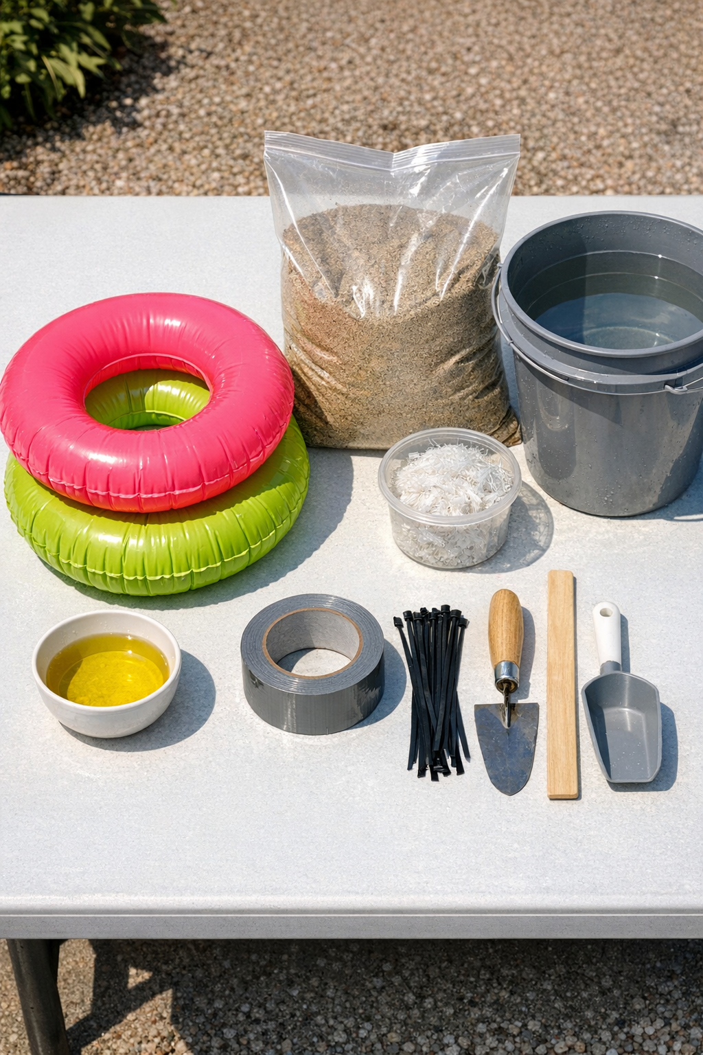 Materials for making curved cement yard borders laid out on a work surface