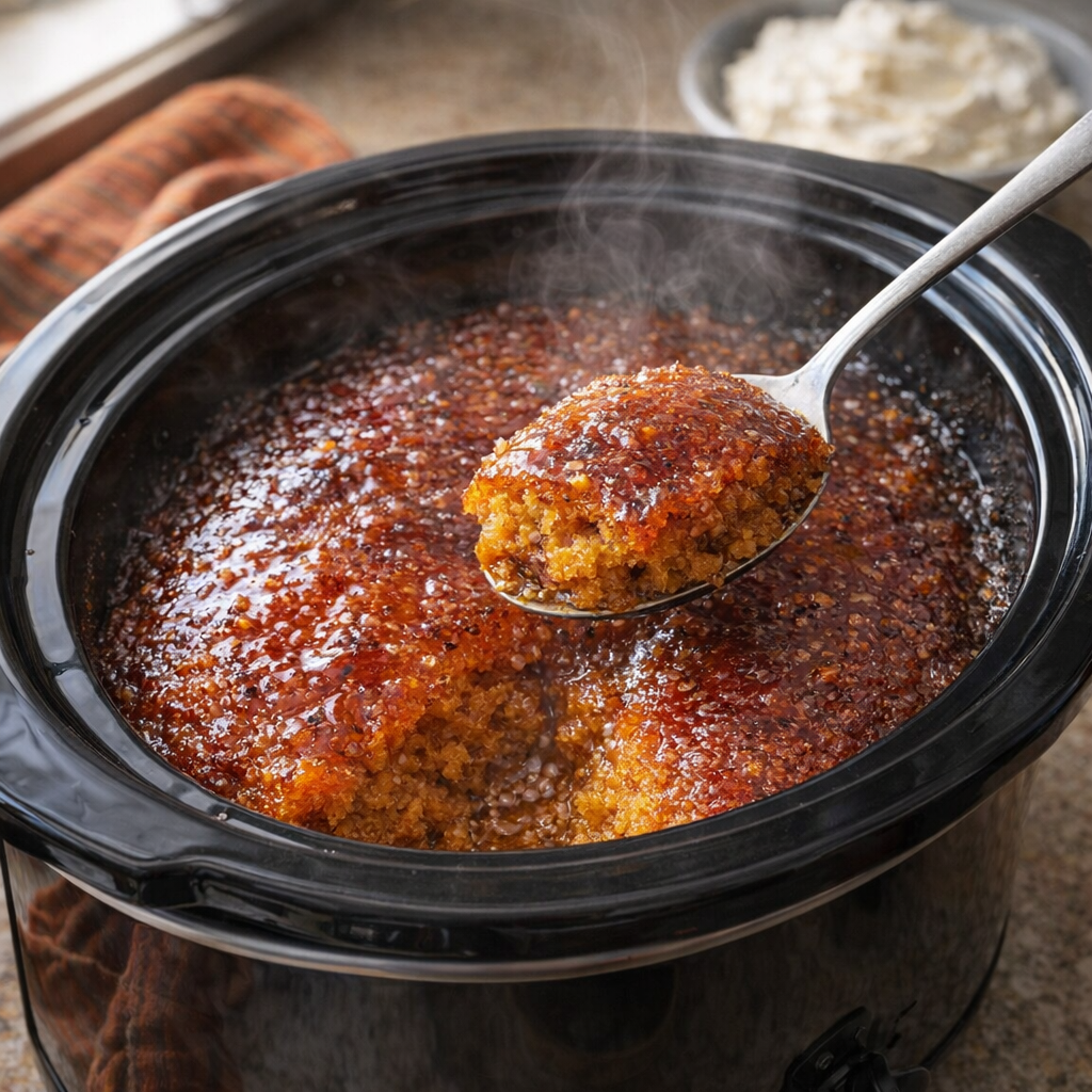 Warm spiced amber cake scooped from a slow cooker