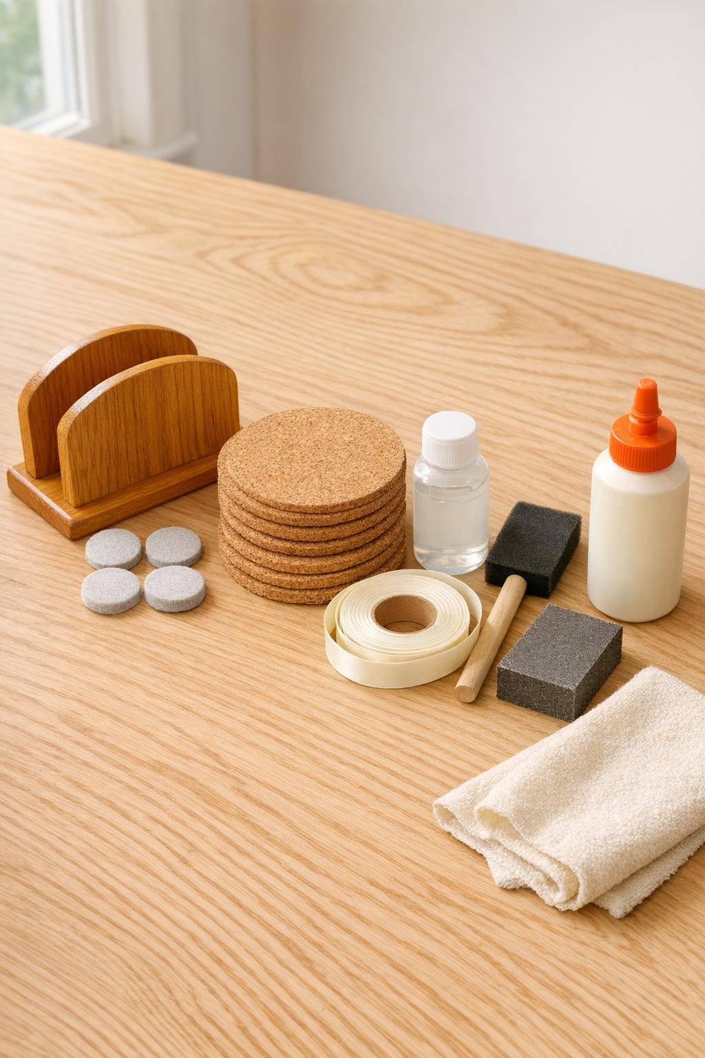 Materials for a coaster station laid out on a table