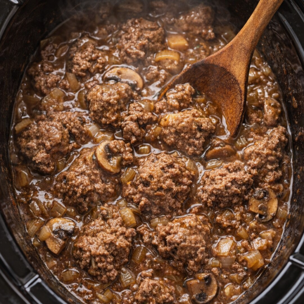 Beef breaking apart in rich gravy inside the slow cooker