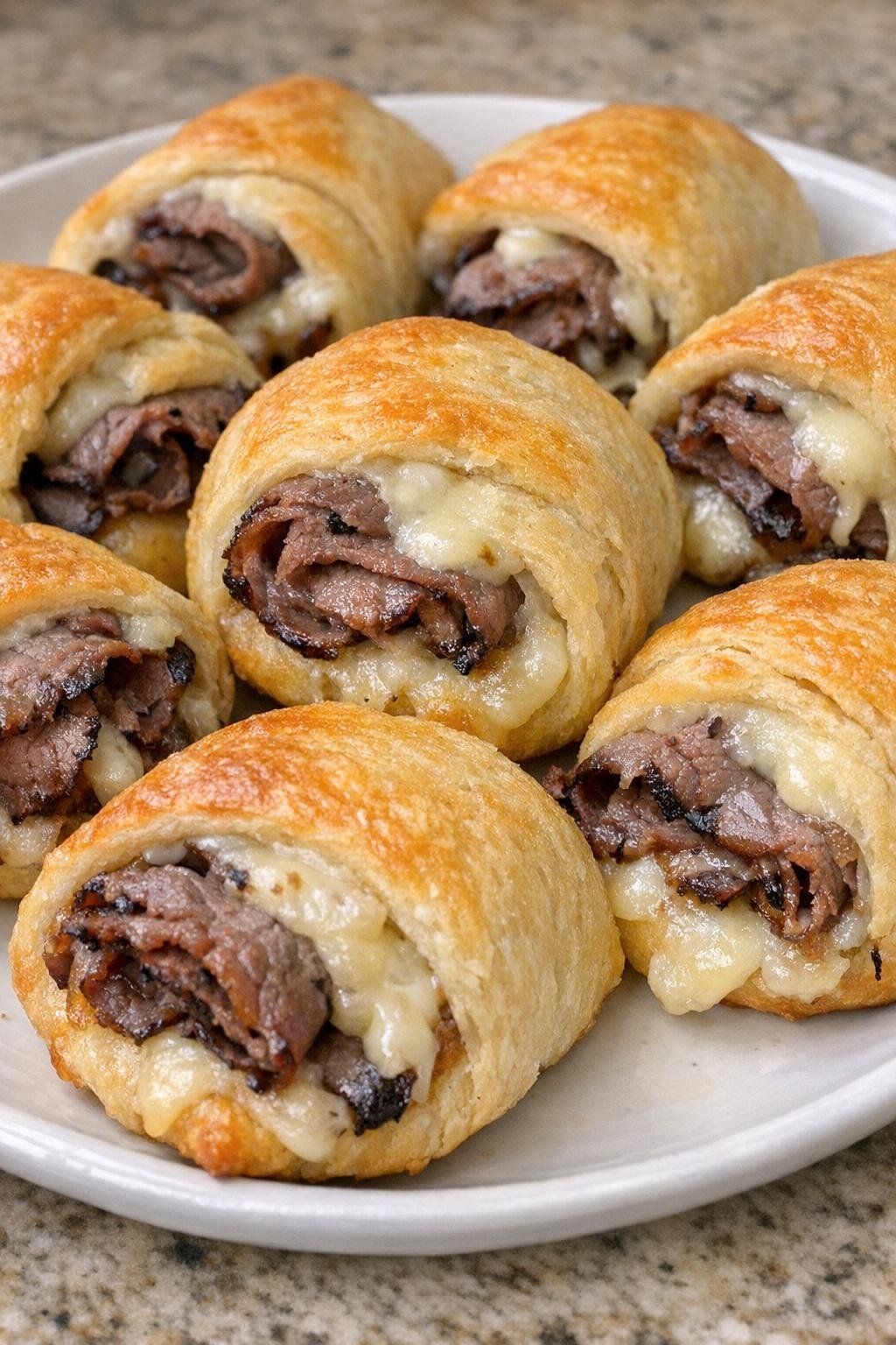 Golden brown crescent dough twirls filled with roast beef and manchego cheese