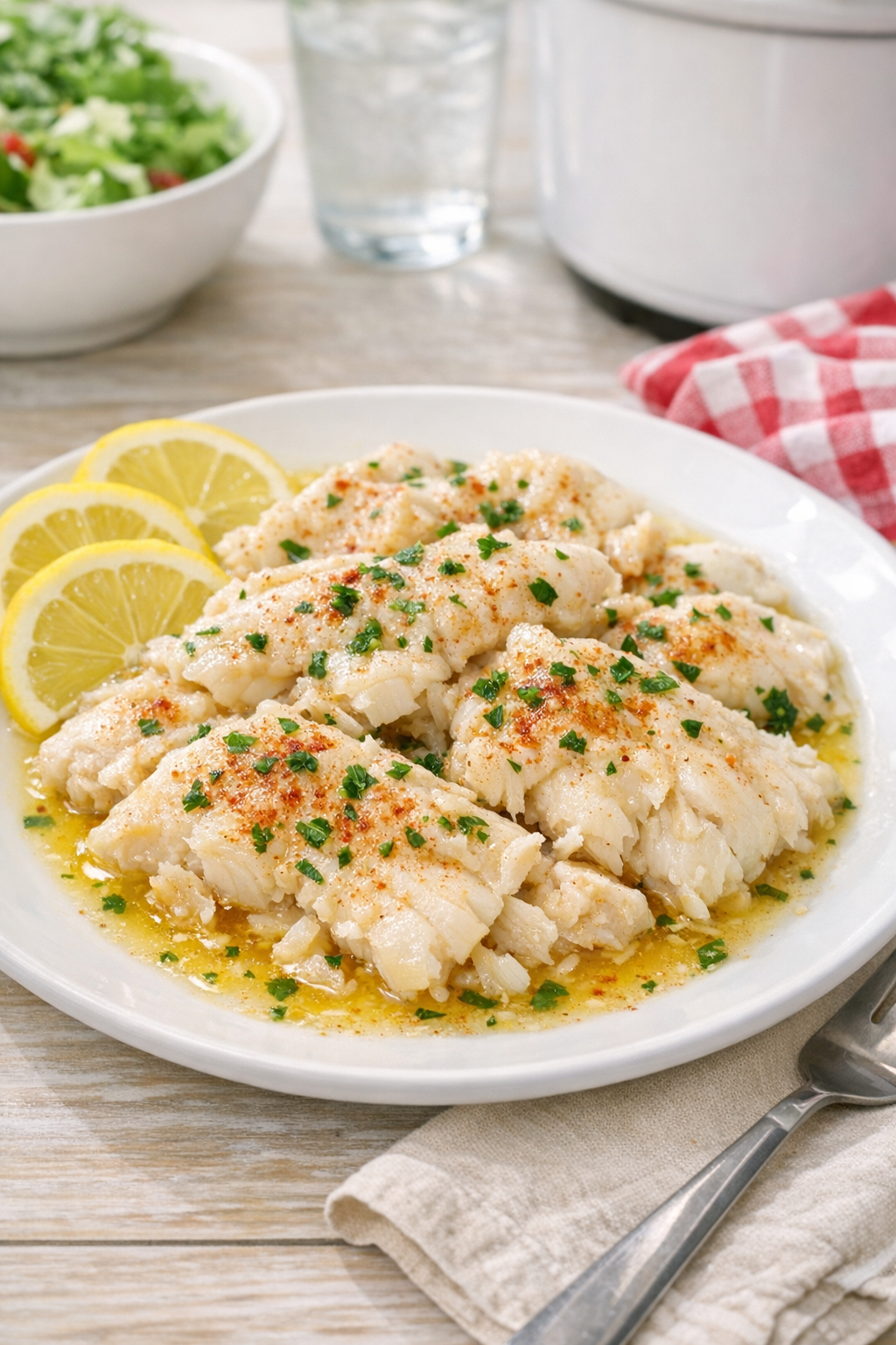 Finished slow cooker flounder plated with lemon and herbs