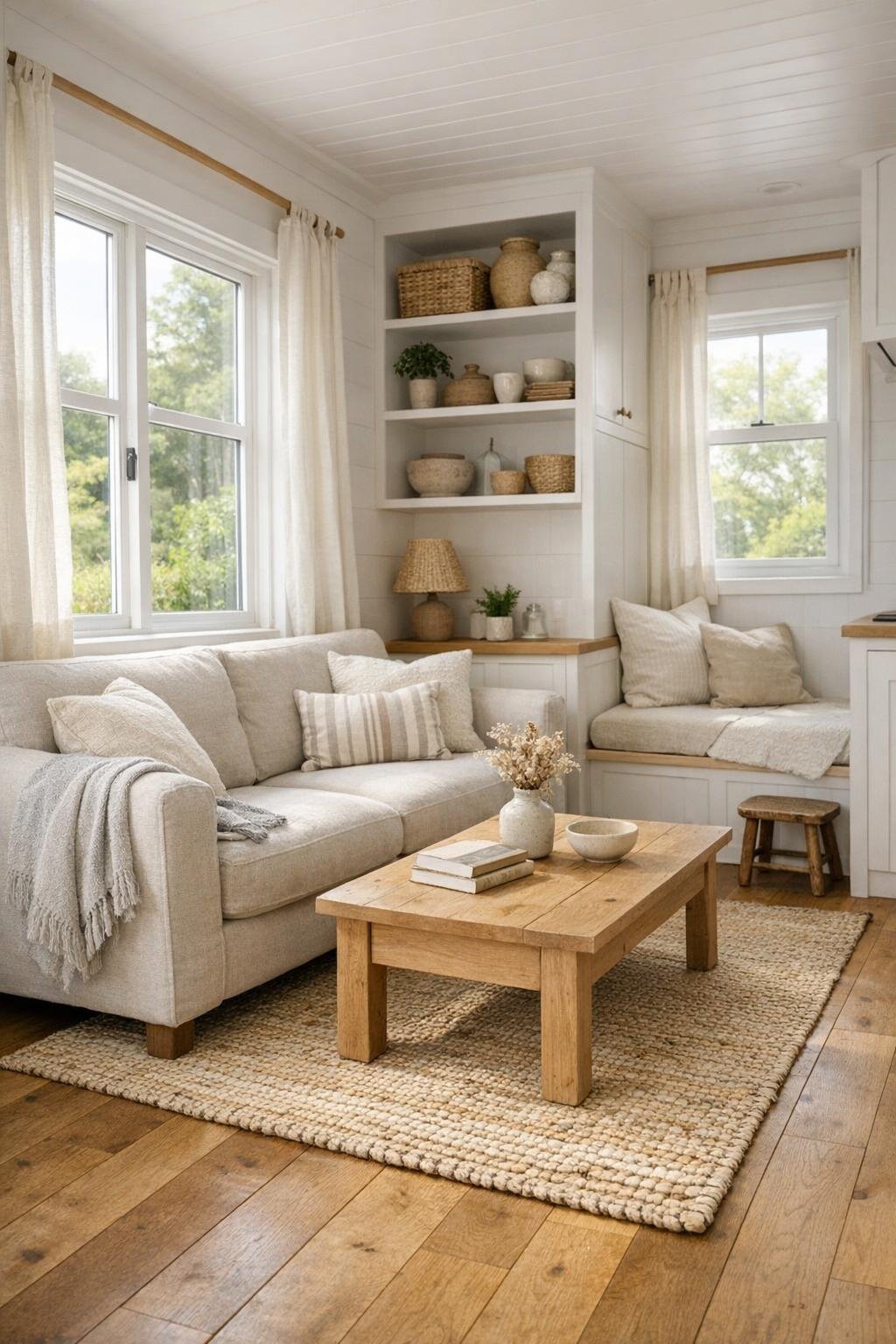Cozy tiny home living room with light walls, linen sofa, oak flooring, and layered natural textures