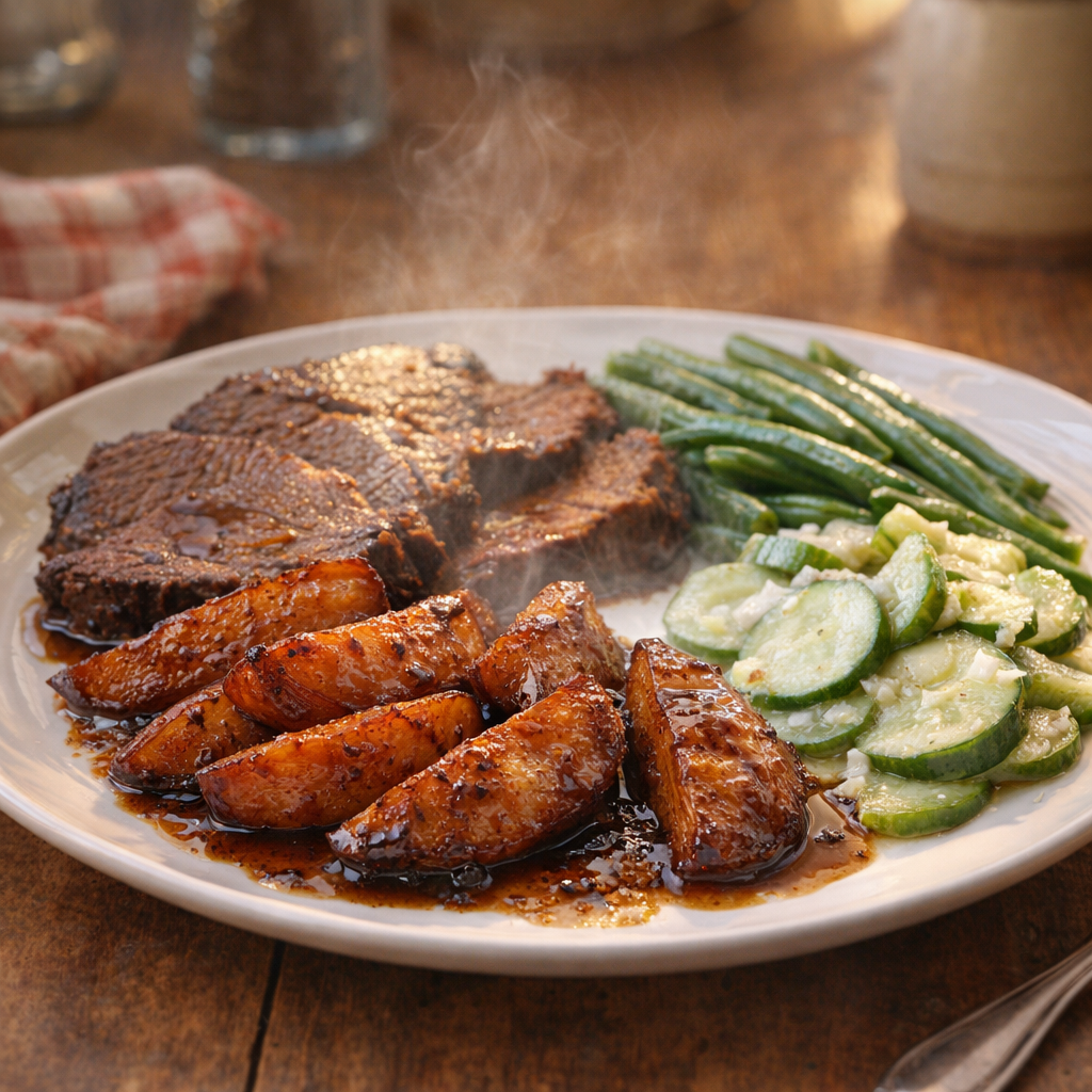 Farmhouse supper plate with molasses potatoes and roast