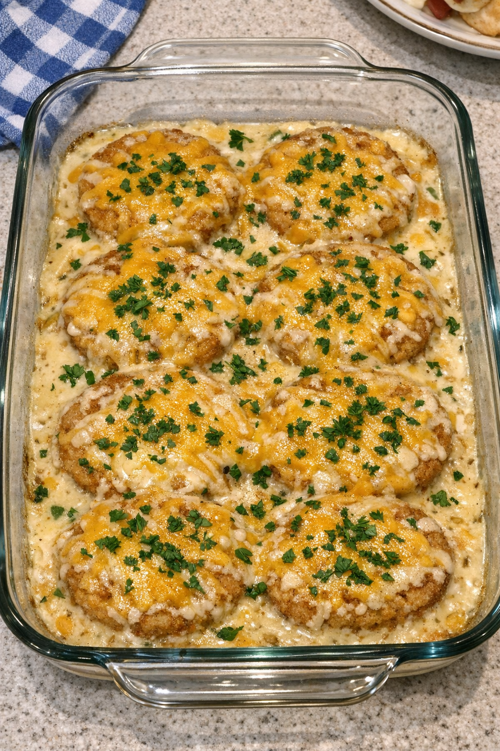 Finished baked chicken patties in casserole dish