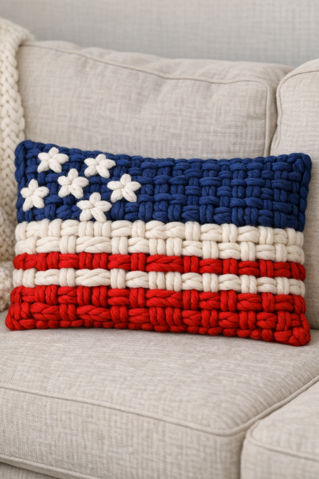 Finished patriotic lumbar pillow made from woven yarn and an AC filter frame