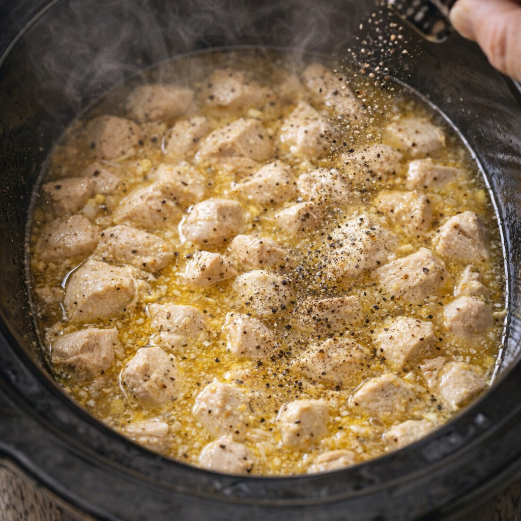 Cooked chicken in buttery broth after slow cooking