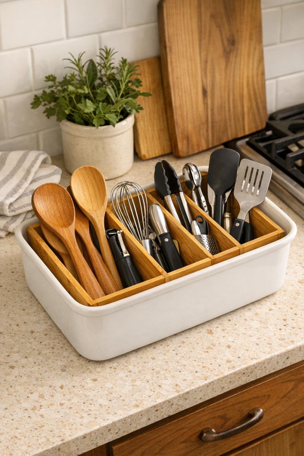 Finished bamboo utensil divider inside a white ceramic baking dish styled on a kitchen counter