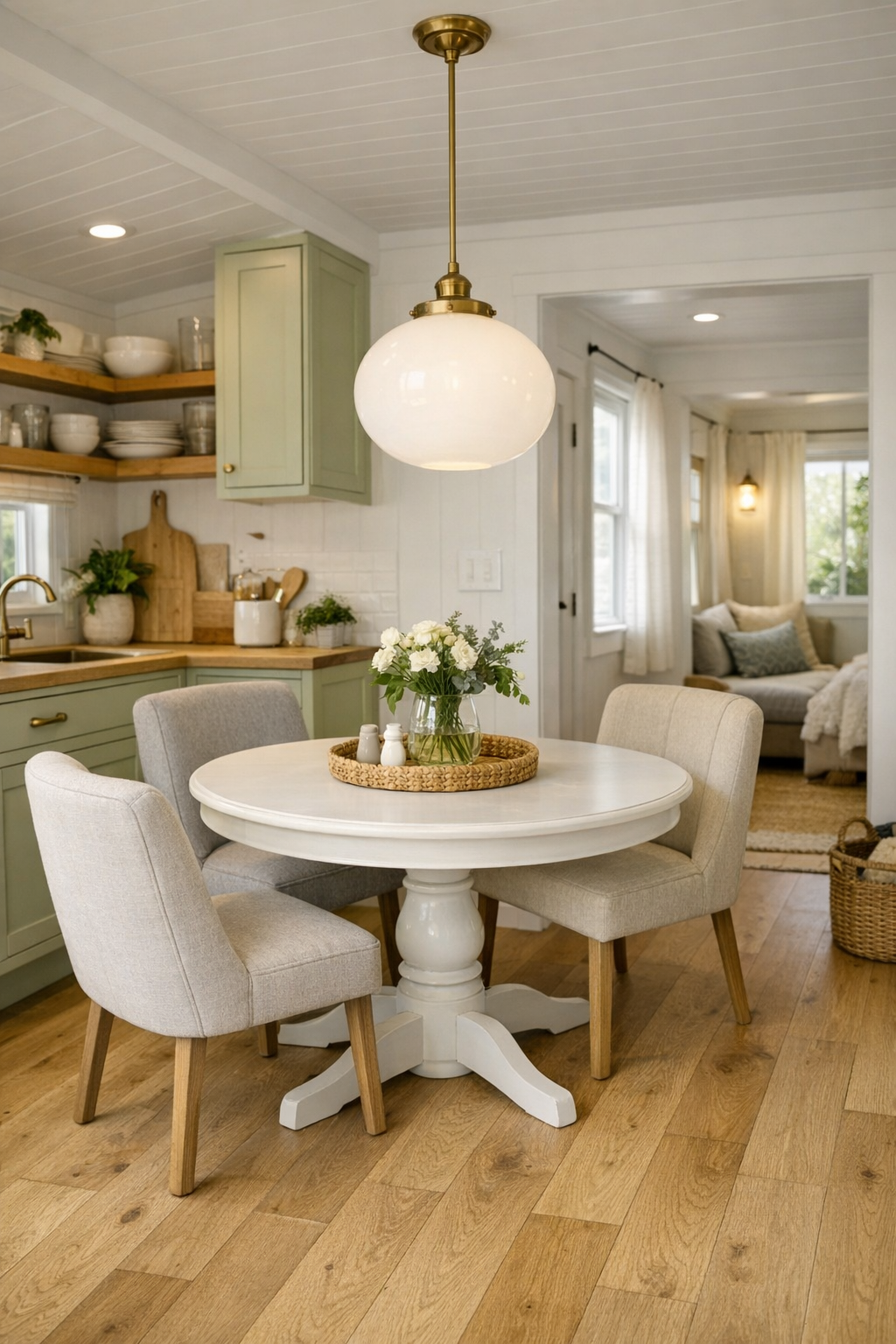 Round dining nook in a honeydew tiny home with warm oak finishes