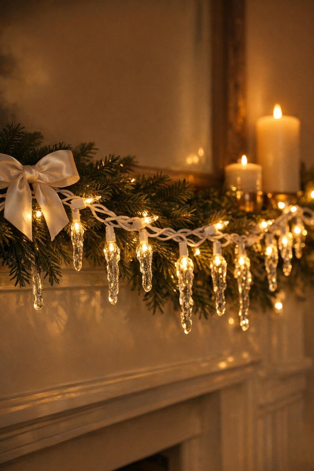 Finished dripping icicle string lights glowing along a mantel