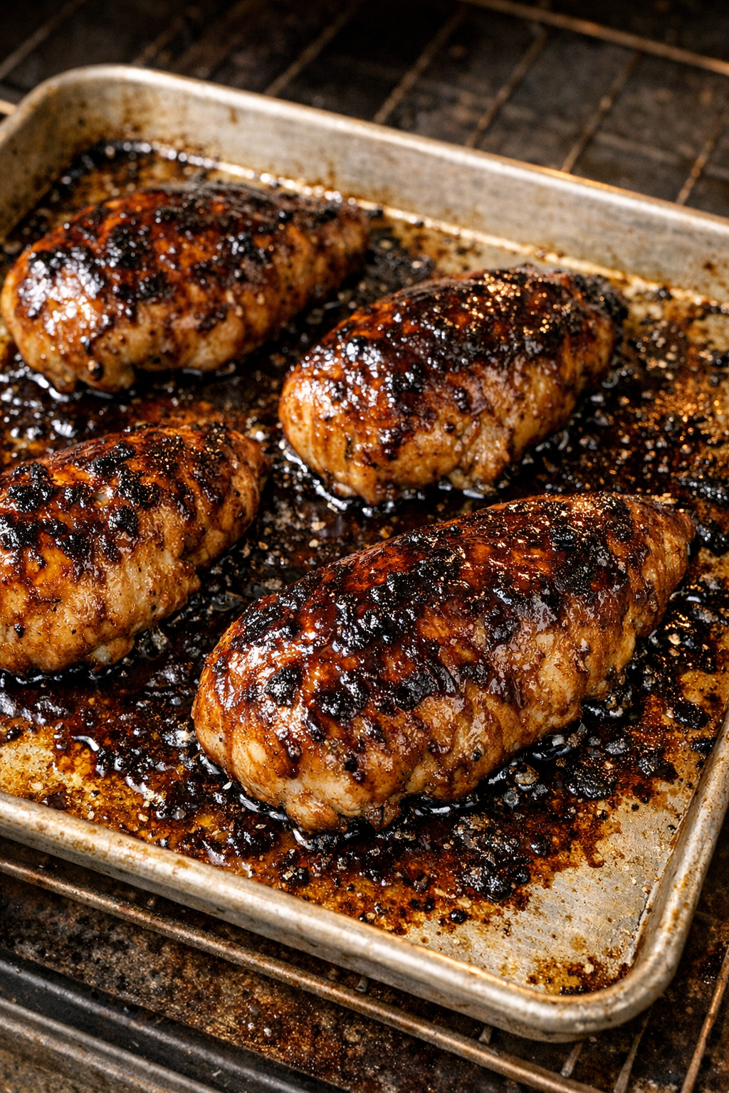 Chicken baking with sauce turning glossy