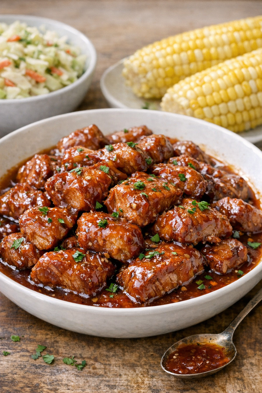 Finished slow cooker pork tenderloin tips plated with sauce
