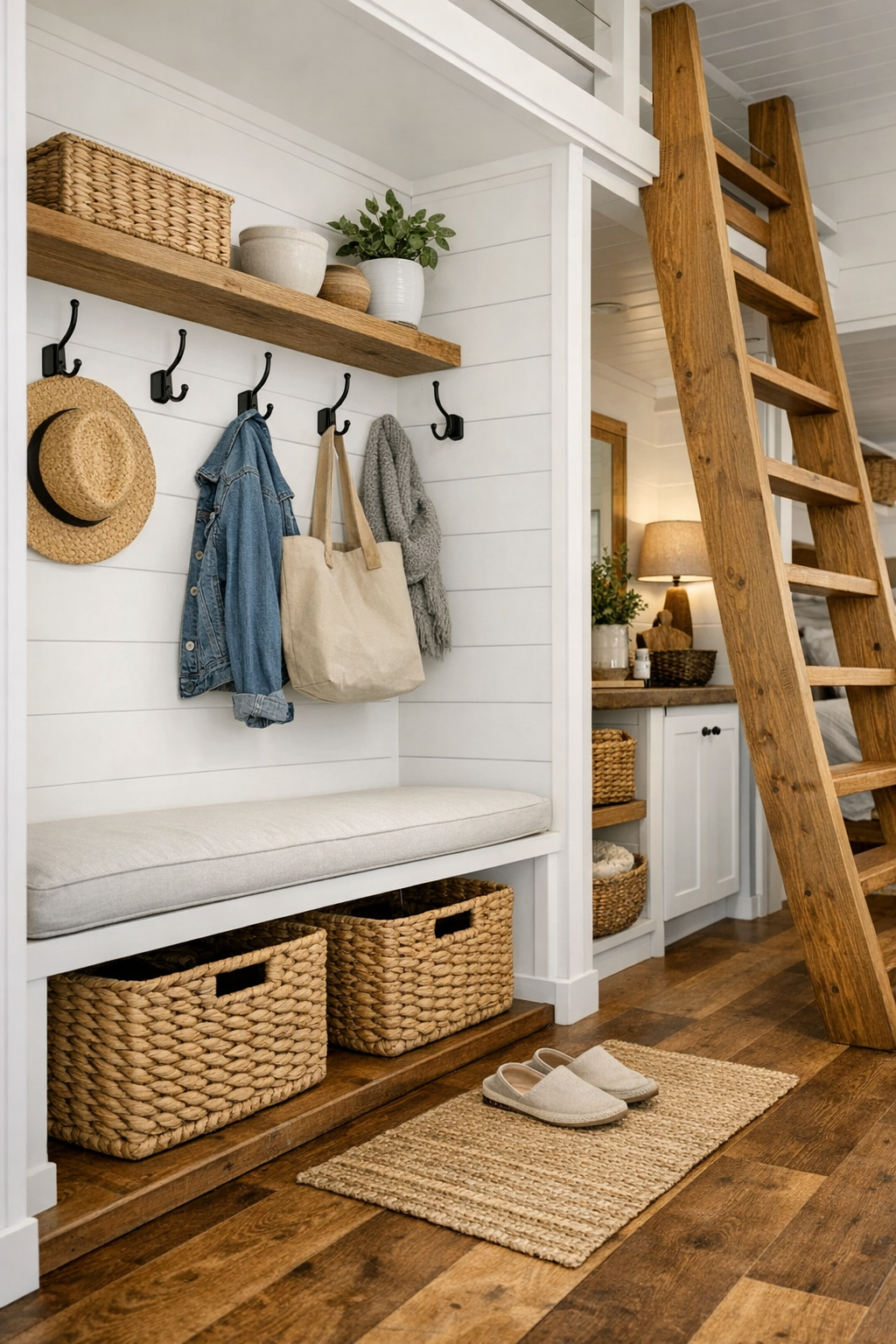 Thoughtful farmhouse RV transition space with built-in storage, wood steps or ladder, and woven baskets