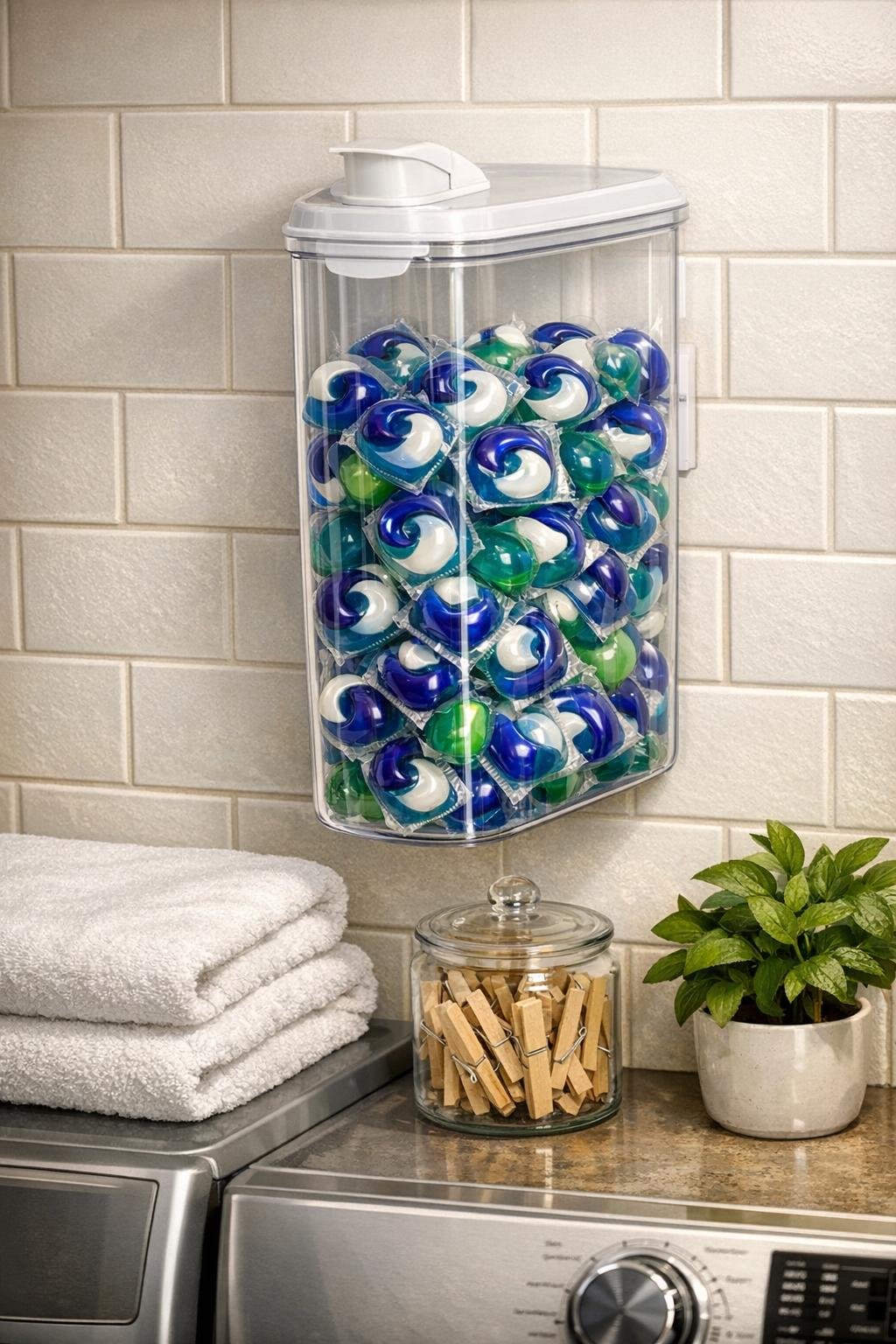 Finished wall-mounted laundry pod dispenser in a laundry room