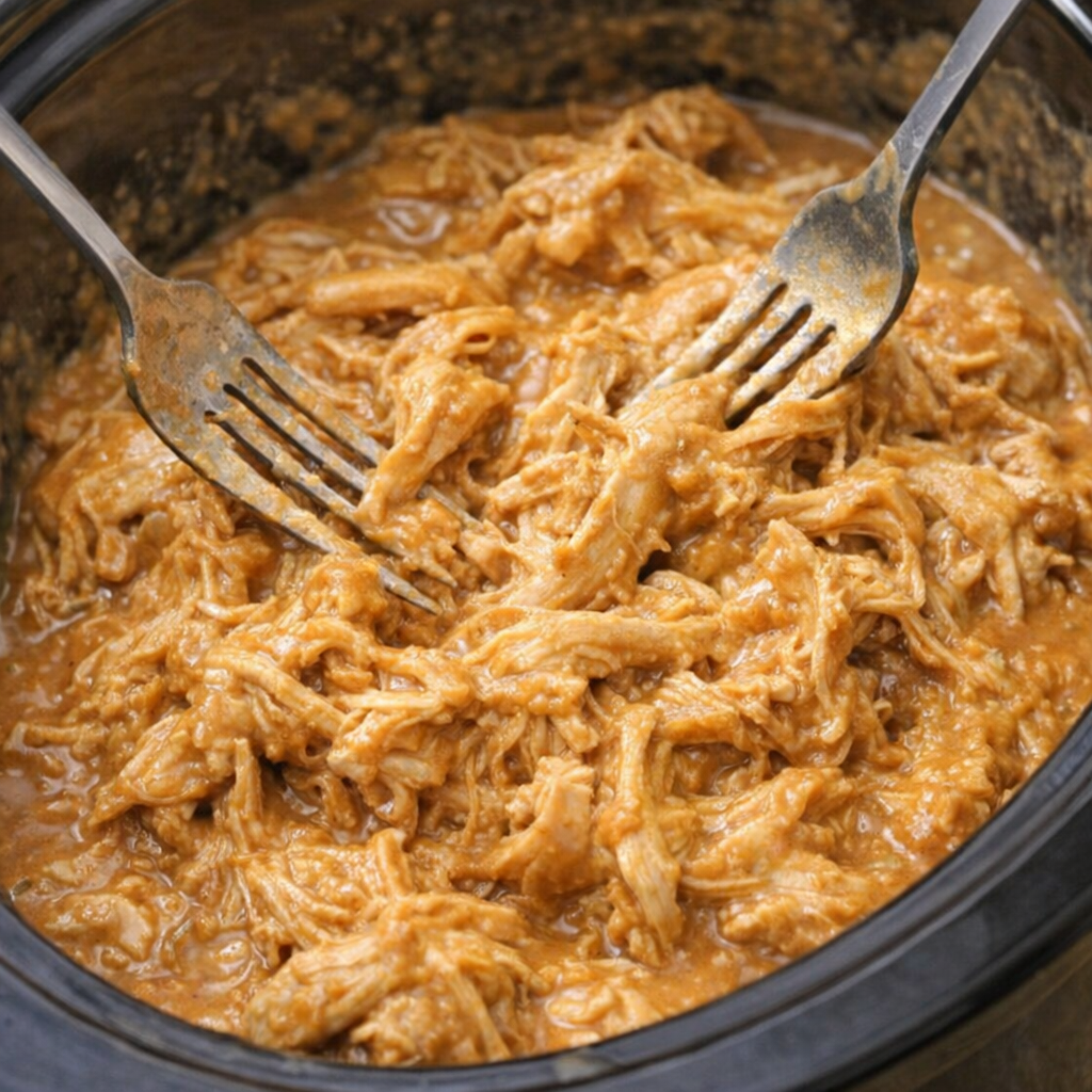 Shredded peanut butter chicken in creamy sauce