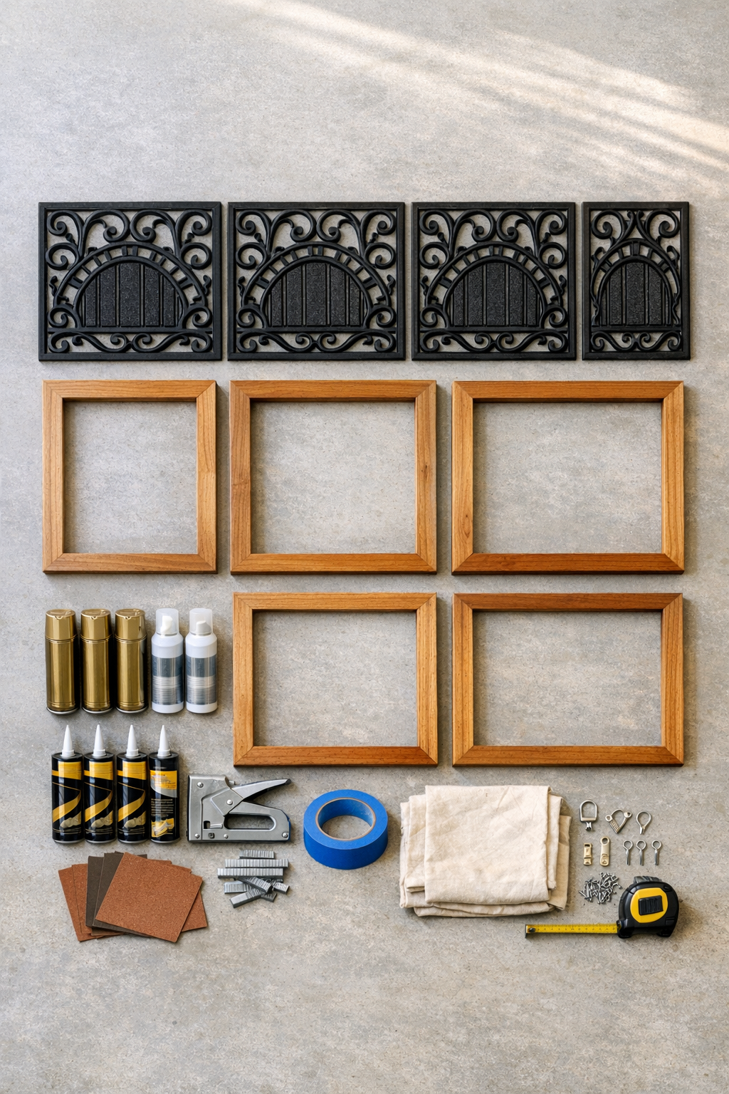 Materials for faux metal patio wall art laid out neatly